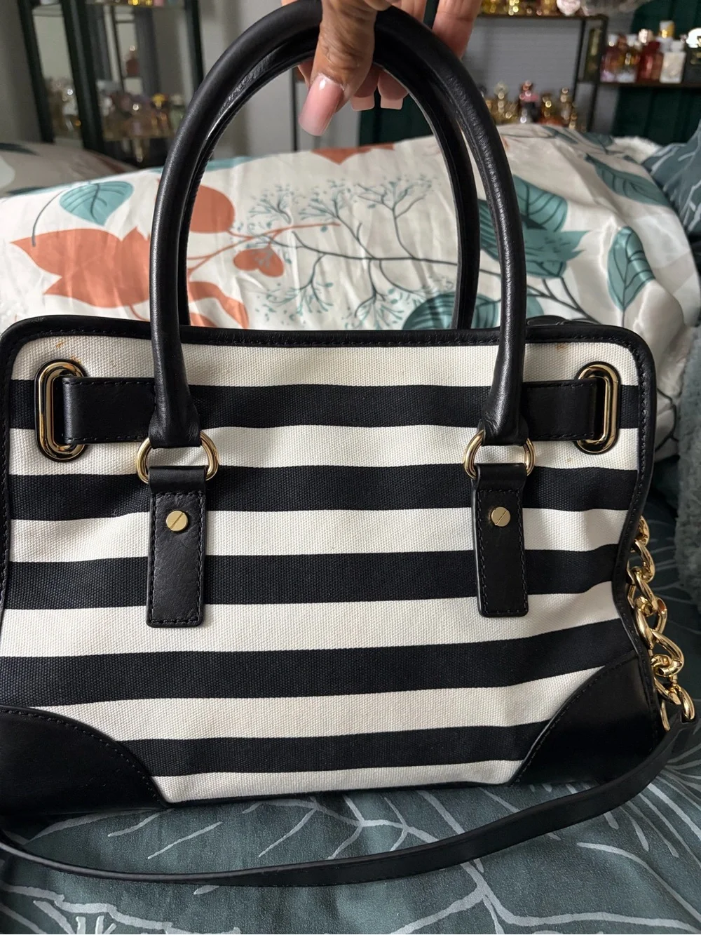 Michael Kors Black and White Striped Satchel with Gold Hardware